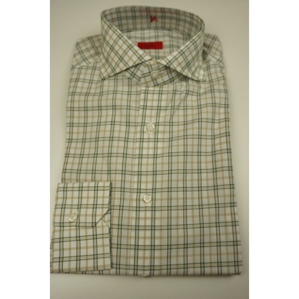 Isaia Light Beige Brown Plaid Long Sleeve Cotton Dress Shirt 15.5/39 NEW